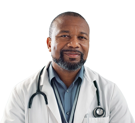 Doctor smiling in a white coat with a stethoscope