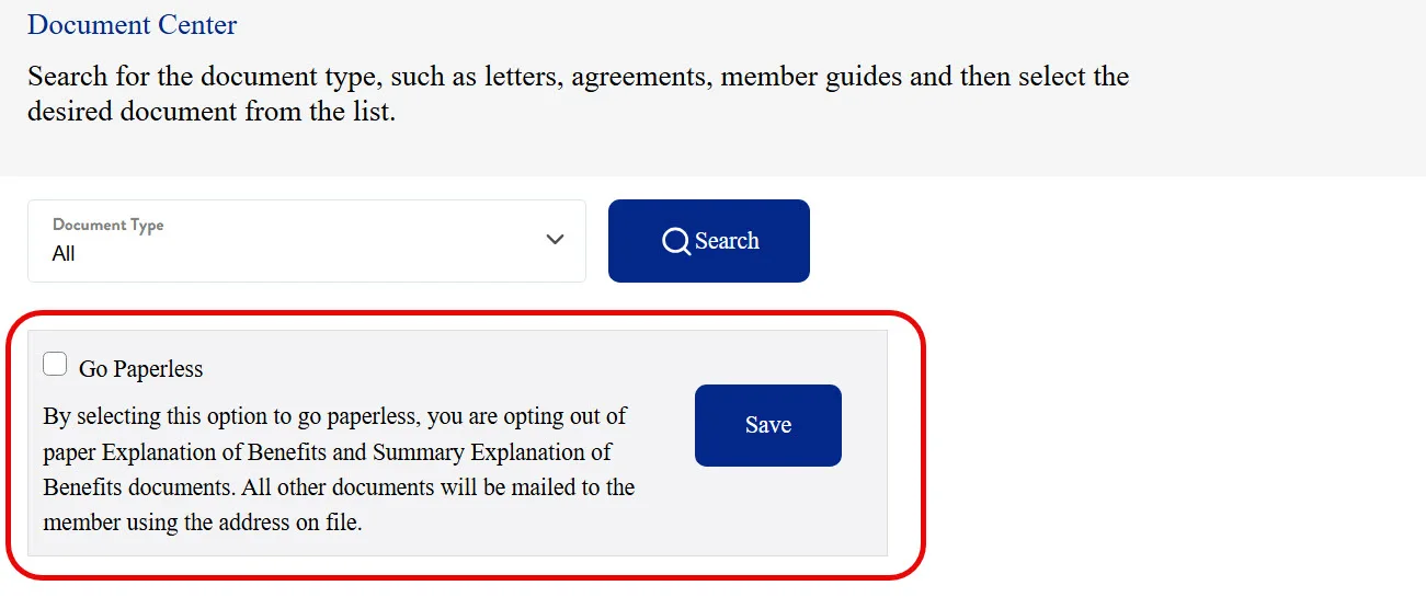 Document Center screen in the WPS Customer Portal with the Go Paperless checkbox and Save button highlighted
