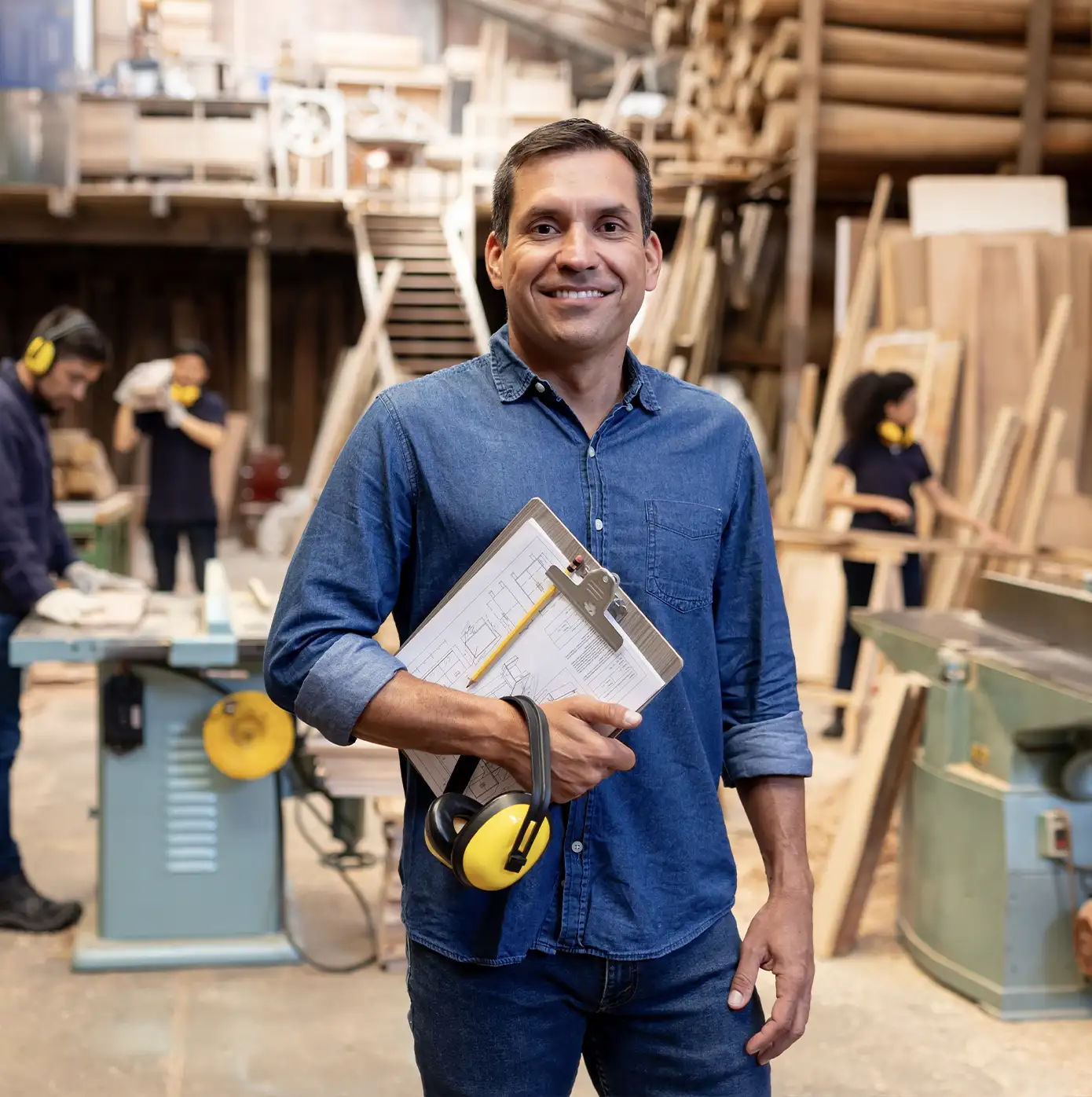 Small business owner reviewing work at a construction worksite