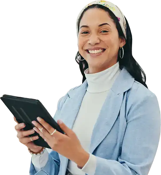 Businesswoman in a blazer reviewing plan details on a tablet