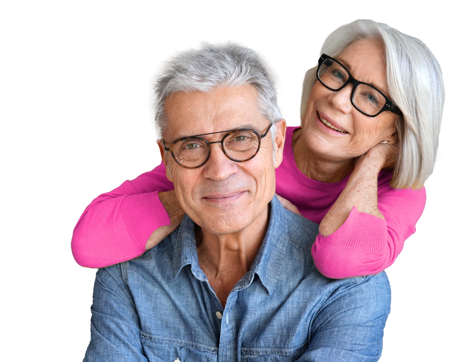 An older couple wearing glasses and smiling.