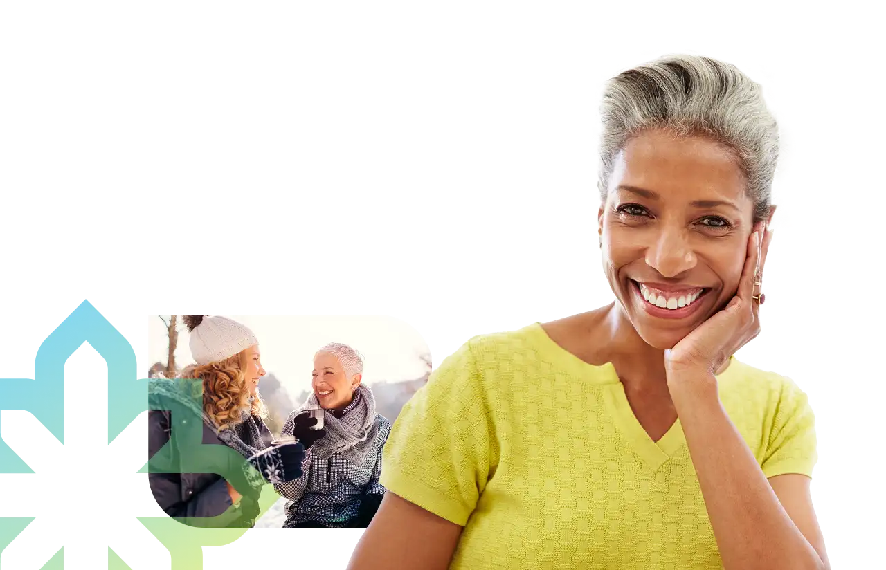 SSenior woman smiling with text 'The best of the best—just like you planned' and inset photo of older women enjoying winter, promoting Medicare Supplement Insurance coverage.