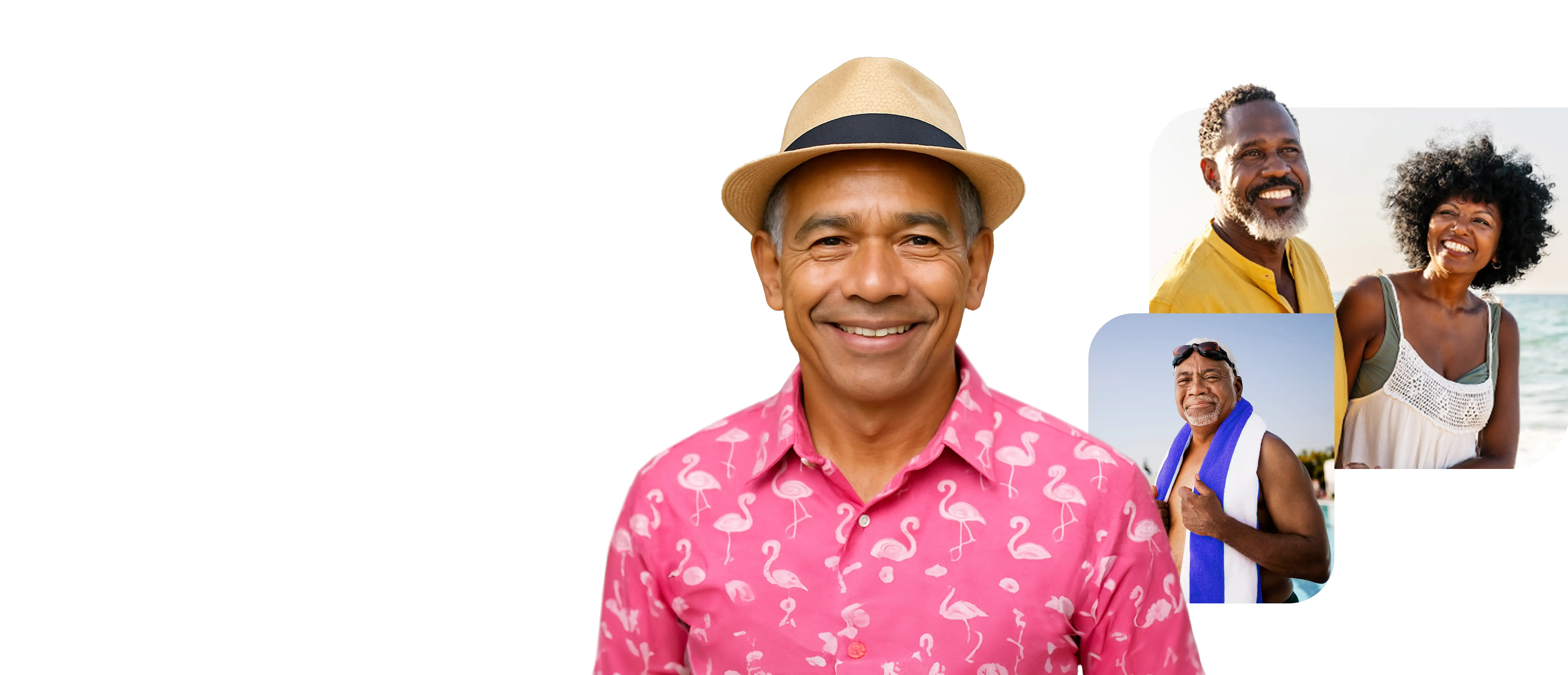 Smiling senior person in hat with text 'Don’t let a trip trip you up' alongside seniors enjoying travel, promoting Medicare Supplement Insurance with travel coverage.