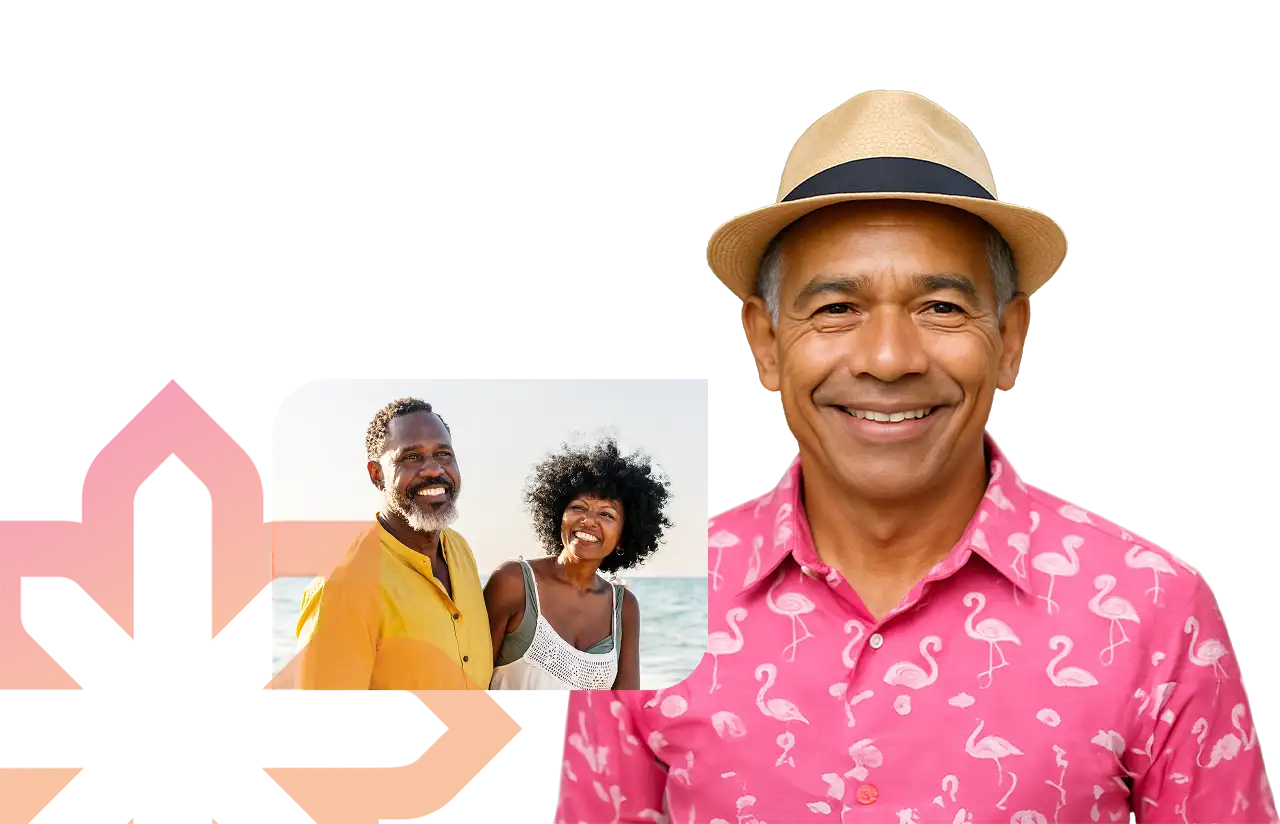 Senior person smiling in hat with text 'Don’t let a trip trip you up' and inset of happy older couple at the beach, highlighting Medicare Supplement Insurance and travel protection.