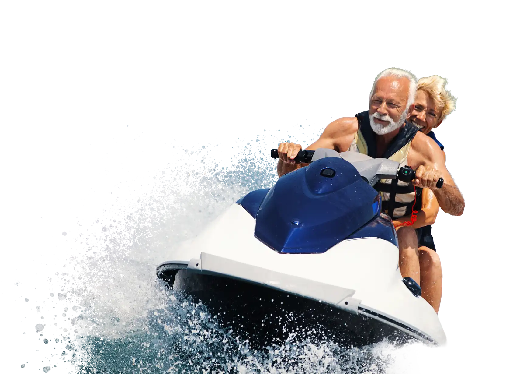 Older couple smiling while riding a jet ski